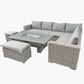 Light Grey Greige Rattan Outdoor Corner Sofa Set with Fire Pit Table – Wicker Garden Lounge Furniture with Cushions & Ottomans – All-Weather Patio Furniture Set