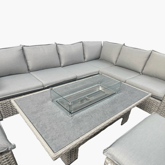 Light Grey Greige Rattan Outdoor Corner Sofa Set with Fire Pit Table – Wicker Garden Lounge Furniture with Cushions & Ottomans – All-Weather Patio Furniture Set