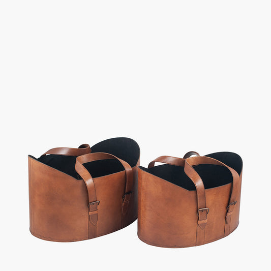 Alessio S/2 Vintage Brown Leather Handled Storage