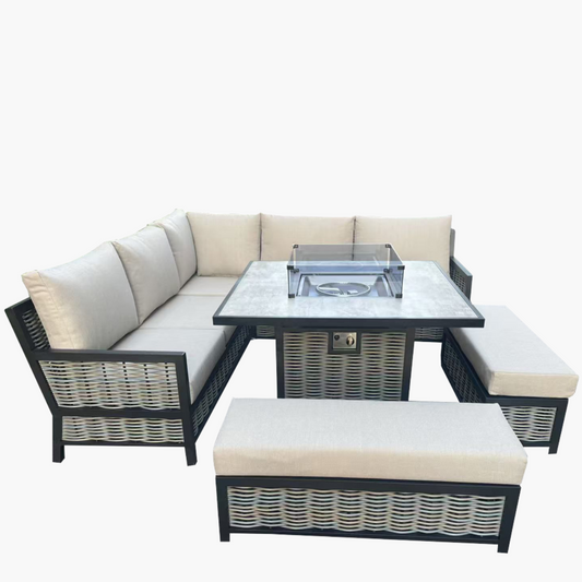5-Piece Aluminium Rattan Garden Sofa Set with Square Fire Pit Table – Outdoor Patio Lounge with Cushions & Glass Top