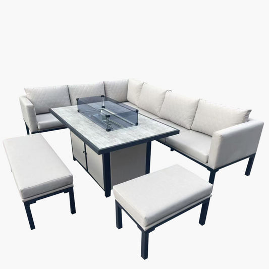 5-Piece Modern Aluminium Garden Corner Sofa Set with Fire Pit Table – Outdoor Lounge with Cushions & Benches