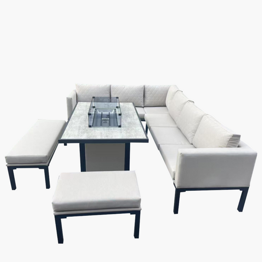 5-Piece Modern Aluminium Garden Corner Sofa Set with Fire Pit Table – Outdoor Lounge with Cushions & Benches