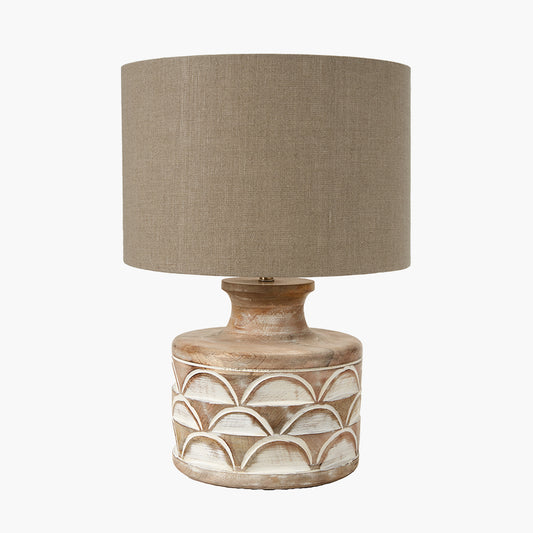 Kingsbury White Wash Large Carved Wood Table Lamp Base with Edward 40cm Natural Linen Cylinder Lampshade