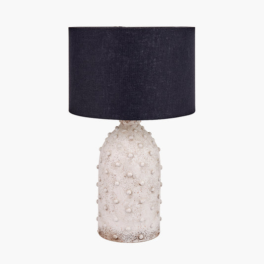 Kali Textured Dot Light Grey Stoneware Table Lamp Base with Lino 30cm Black Self Lined Linen Cylinder Lampshade