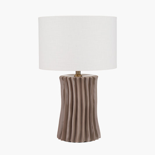 Devony Taupe Pleated Ceramic Table Lamp Base with Lino 35cm White Self Lined Linen Cylinder Lampshade