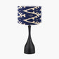 Llora Matt Black Metal Curved Table Lamp Base with Lars 35cm Ocean Blue Ikat Patterned Cylinder Lampshade