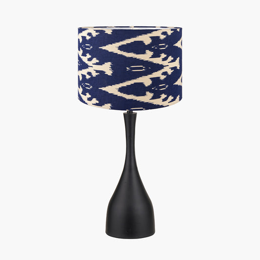 Llora Matt Black Metal Curved Table Lamp Base with Lars 35cm Ocean Blue Ikat Patterned Cylinder Lampshade