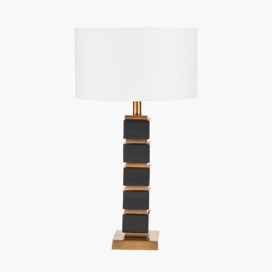 Maximo Matt Black and Antique Brass Cube Design Table Lamp Base with Harry 35cm Ivory Cotton Mix Cylinder Lampshade