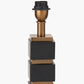 Maximo Matt Black and Antique Brass Cube Design Table Lamp Base with Stellan 35cm Black Slubbed Silk Mix Gold Lined Cylinder Lampshade