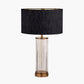 Ciara Clear Glass and Antique Brass Metal Table Lamp Base with Stellan 35cm Black Slubbed Silk Mix Gold Lined Cylinder Lampshade