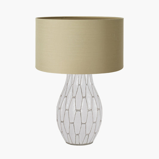 Gaudi White Stoneware Geometric Table Lamp Base with Harry 35cm Taupe Cotton Mix Cylinder Lampshade