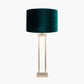 Langston Satin Brass Metal Column Table Lamp Base with Bow 40cm Forest Green Velvet Cylinder Lampshade
