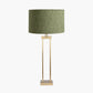 Langston Satin Brass Metal Column Table Lamp Base with Stellan 40cm Green Slubbed Silk Mix Gold Lined Cylinder Lampshade