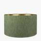 Langston Satin Brass Metal Column Table Lamp Base with Stellan 40cm Green Slubbed Silk Mix Gold Lined Cylinder Lampshade