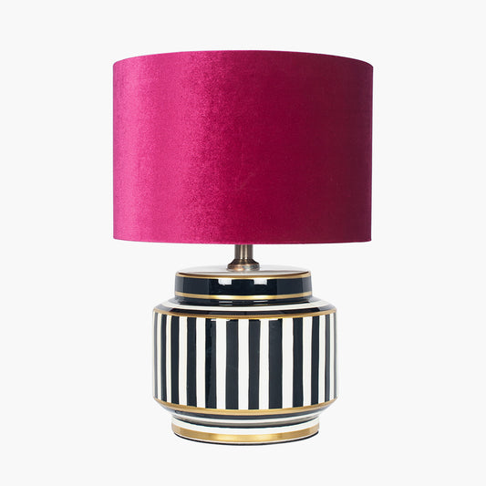 Mono Humbug Black and White Small Table Lamp Base with Bow 30cm Raspberry Velvet Cylinder Lampshade