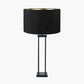 Langston Matt Black Metal Column Table Lamp Base with Stellan 40cm Black Slubbed Silk Mix Gold Lined Cylinder Lampshade