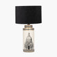 Wren Black and Cream Building Print Tall Ceramic Table Lamp Base with Stellan 40cm Black Slubbed Silk Mix Gold Lined Cylinder Lampshade