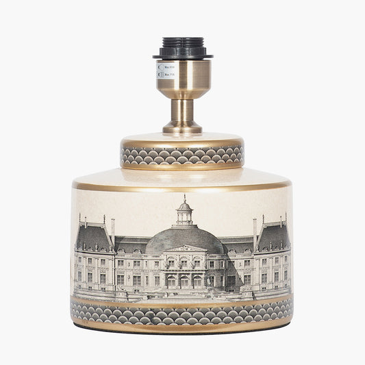 Wren Black and Cream Building Print Ceramic Table Lamp Base with Bow 30cm Black Velvet Cylinder Lampshade