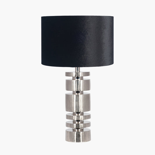 Elon Silver Metal Stacked Cylinder Table Lamp Base with Bow 35cm Black Velvet Cylinder Lampshade