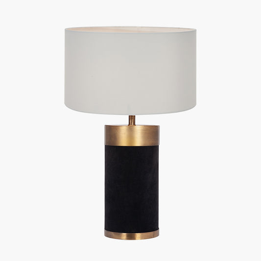 Dempsey Black Velvet and Antique Gold Metal Table Lamp Base with Harry 30cm Ivory Cotton Mix Cylinder Lampshade