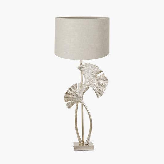 Gingko Shiny Champagne Metal Tall Gingko Leaf Table Lamp Base with Lino 35cm Grey Self Lined Linen Cylinder Lampshade
