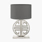 Orla Shiny Silver Metal Statement Circle Table Lamp Base with Mia 35cm Steel Grey Oval Cotton Mix Lampshade