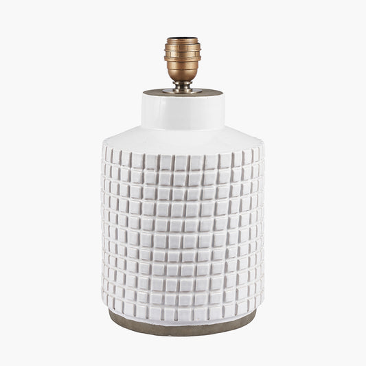 Malone Textured White Squares Design Stoneware Table Lamp Base with Lino 35cm Grey Self Lined Linen Cylinder Lampshade