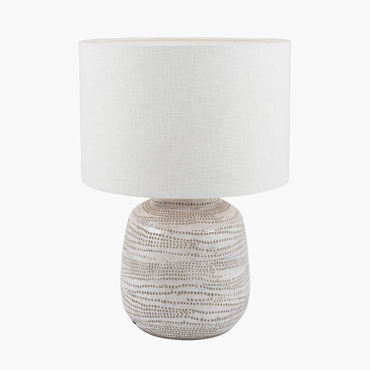 Alina White Dot Design Small Stoneware Table Lamp Base with Lino 25cm White Self Lined Linen Cylinder Lampshade