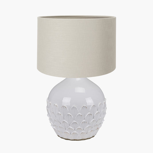 Willow White Leaf Detail Stoneware Table Lamp Base with Lino 40cm Grey Self Lined Linen Cylinder Lampshade
