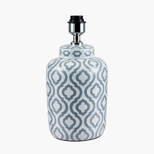 Celia Grey and White Pattern Ceramic Table Lamp Base with Harry 30cm Ivory Cotton Mix Cylinder Lampshade