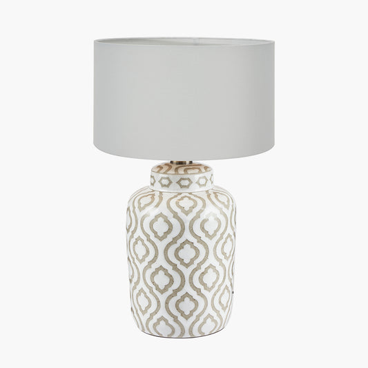 Celia Taupe and White Pattern Ceramic Table Lamp Base with Harry 30cm Ivory Cotton Mix Cylinder Lampshade