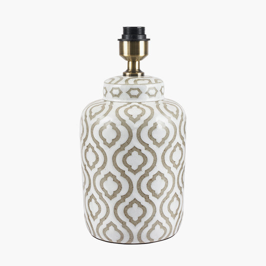 Celia Taupe and White Pattern Ceramic Table Lamp Base with Harry 30cm Ivory Cotton Mix Cylinder Lampshade