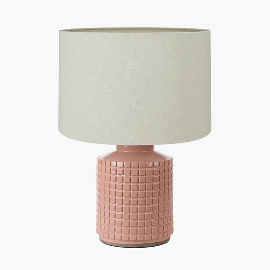 Malone Textured Apricot Squares Design Stoneware Table Lamp Base with Lino 40cm Cream Self Lined Linen Cylinder Lampshade