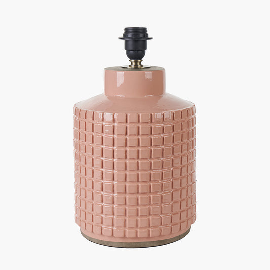 Malone Textured Apricot Squares Design Stoneware Table Lamp Base with Lino 40cm Cream Self Lined Linen Cylinder Lampshade