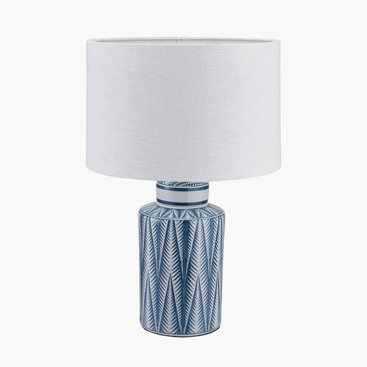 Samara Blue and White Aztec Pattern Ceramic Table Lamp Base with Lino 35cm White Self Lined Linen Cylinder Lampshade