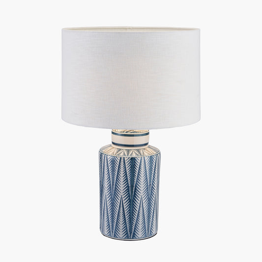 Samara Blue and White Aztec Pattern Ceramic Table Lamp Base with Lino 35cm White Self Lined Linen Cylinder Lampshade