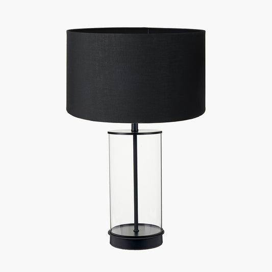 Westwood Clear Glass and Black Metal Table Lamp Base with Harry 35cm Black Cotton Mix Cylinder Lampshade