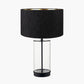 Westwood Clear Glass and Black Metal Table Lamp Base with Stellan 30cm Black Slubbed Silk Mix Gold Lined Cylinder Lampshade