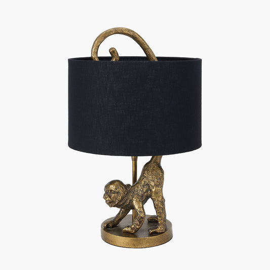 Vervet Antique Brass Metal Monkey Table Lamp Base with Lino 30cm Black Self Lined Linen Cylinder Lampshade