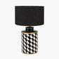 Victor Black and White Geometric Hand Painted Metal Table Lamp Base with Stellan 35cm Black Slubbed Silk Mix Gold Lined Cylinder Lampshade