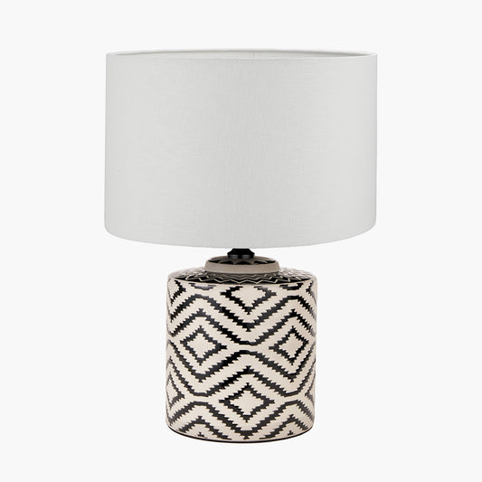 Chirala Black and White Ikat Ceramic Table Lamp Base with Lino 35cm White Self Lined Linen Cylinder Lampshade