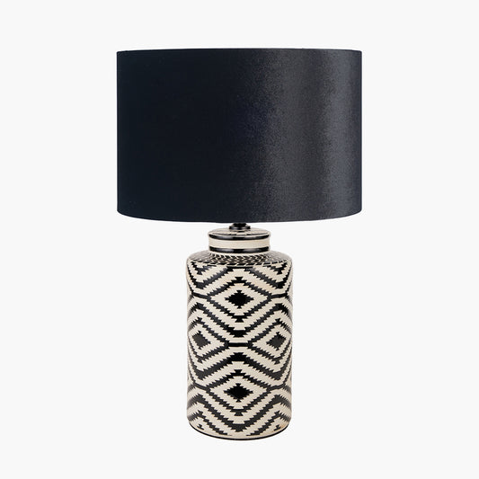Chirala Black and White Tall Ikat Ceramic Table Lamp Base with Bow 40cm Black Velvet Cylinder Lampshade