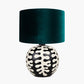 Elkorn Black and White Coral Ceramic Table Lamp Base with Bow 30cm Forest Green Velvet Cylinder Lampshade