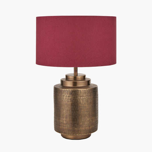 Zuri Antique Brass Metal Pot Table Lamp Base with Henry 40cm Mulberry Handloom Cylinder Lampshade