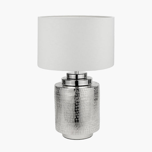 Zuri Shiny Silver Metal Pot Table Lamp Base with Lino 35cm White Self Lined Linen Cylinder Lampshade
