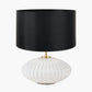 Emilia White Ribbed Glass and Gold Metal Oval Table Lamp Base with Zara 35cm Black Silk Lined Cylinder Lampshade