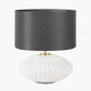 Emilia White Ribbed Glass and Gold Metal Oval Table Lamp Base with Zara 35cm Steel Grey Silk Lined Cylinder Lampshade