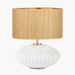 Emilia White Ribbed Glass and Gold Metal Oval Table Lamp Base with Stellan 35cm Gold Slubbed Silk Mix Gold Lined Cylinder Lampshade