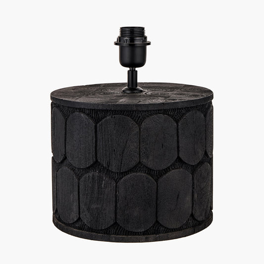 Cezara Embossed Black Wood Wide Table Lamp Base with Lino 40cm White Self Lined Linen Cylinder Lampshade