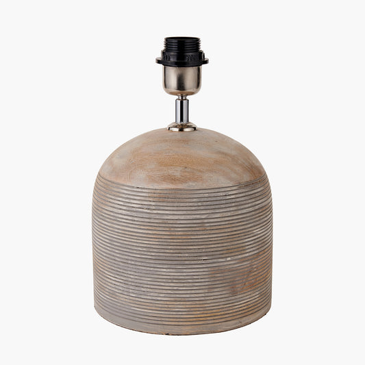 Nelu Grey Engraved Wood Dome Table Lamp Base with Lino 35cm Grey Self Lined Linen Cylinder Lampshade